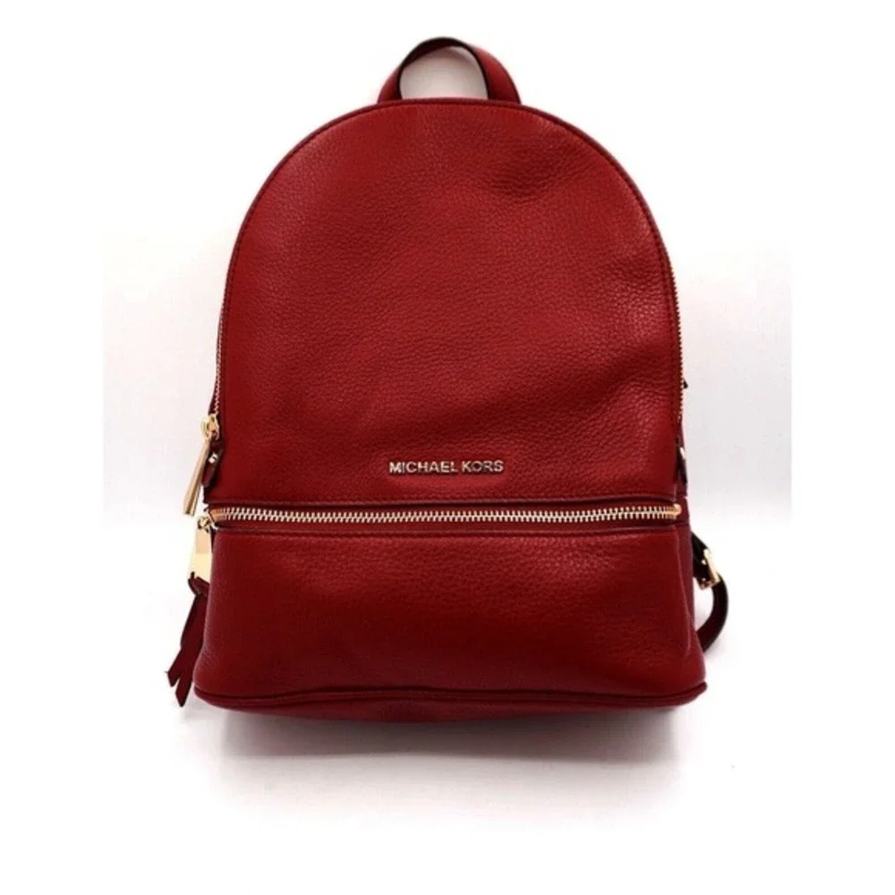 Michael Kors‎ Rhea Medium Pebbled Leather Backpack Burgundy Gold Hardware 37-08